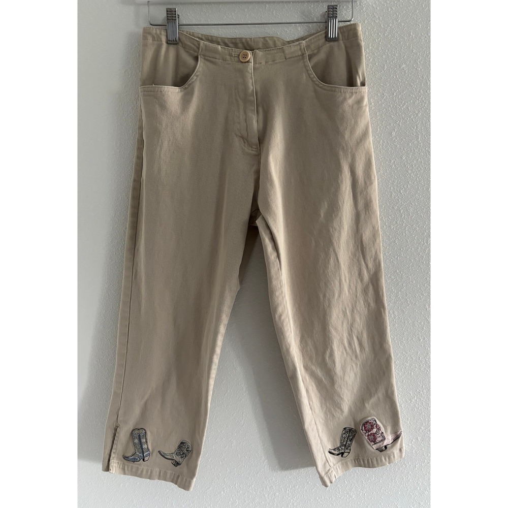 Bit & Bridle Embroidered Cowboy Boot Pants Women 4 Tan Y2K 90s Low Rise Festival